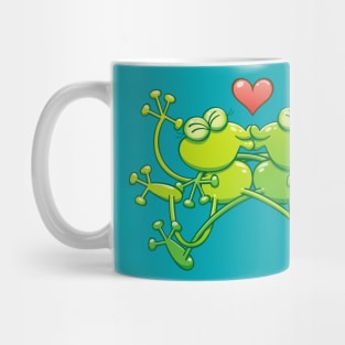 Couple of funny green frogs in love kissing passionately Mug